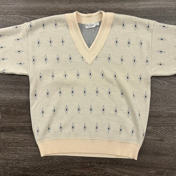 EUC Vintage St. Croix Knits Wool V Neck Sweater Cream Blue Diamond USA Made Sz L - Picture 2 of 16